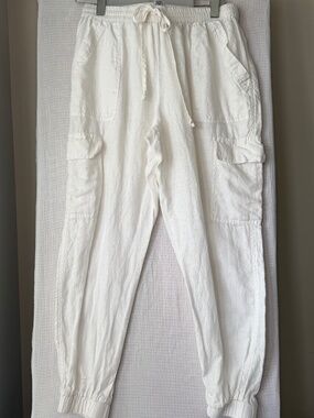 Magaschoni Women Crisp White 100% Linen Pants L 6 pockets